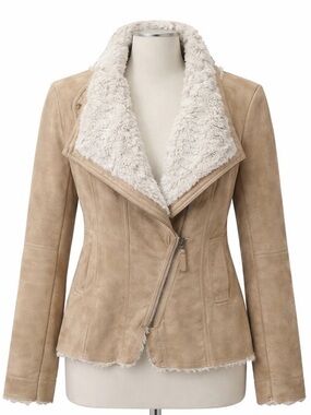 Rachel Moto Faux Suede Jacket high pile lining Beige Coat Women M Outdoor Jacket